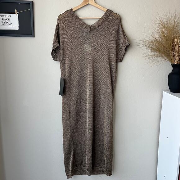Tuckernuck Indie Metallic Bronze Knit Short Sleeve V-Neck Midi Dress Size M NWT - Picture 6 of 9